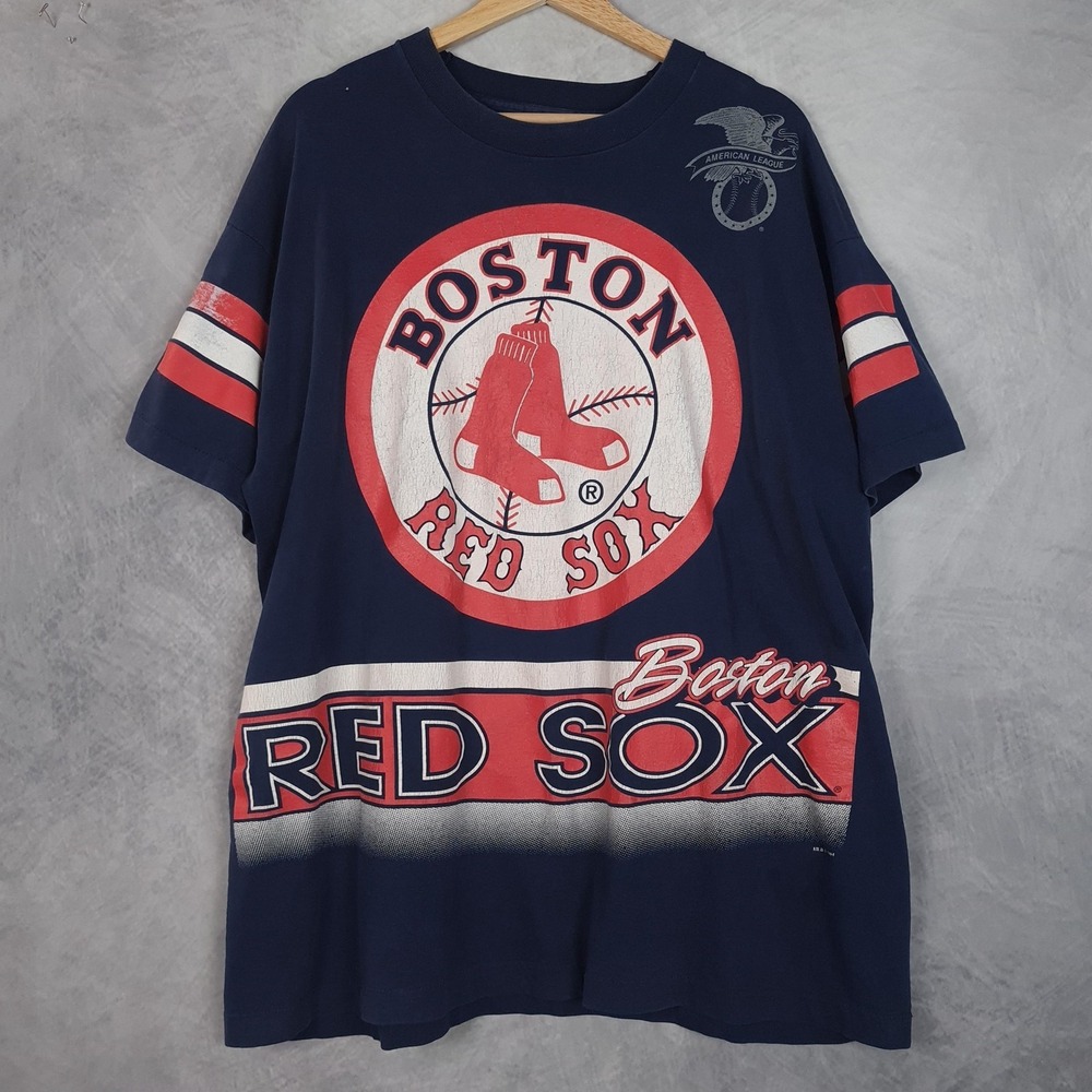 Vntg Boston Red Sox Shirt Mens XL Blue MLB All Over Print Distressed 90s Salem